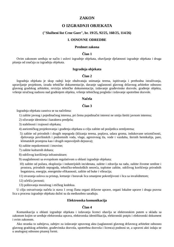 Zakonska regulativa iz oblasti građevinarstva - Zakon o izgradnji objekata (Službeni list Crne Gore br. 019 25 , 092 25 , 160 25, 114 26)