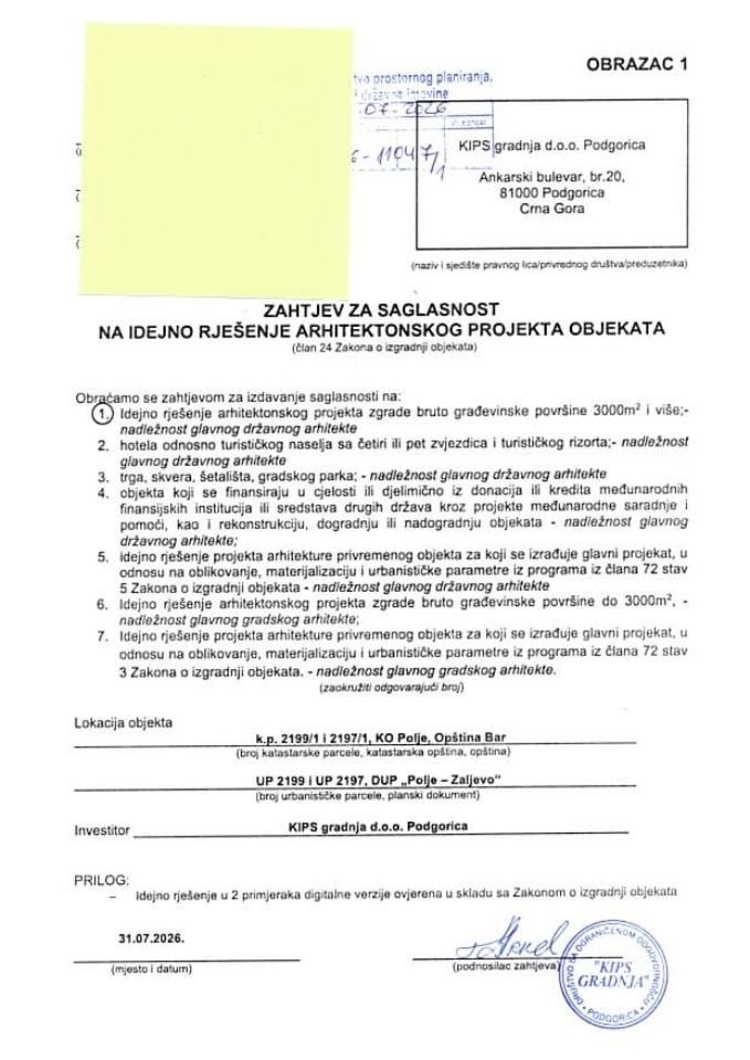 Zahtjevi investitora za davanje saglasnosti glavnog državnog arhitekte - 31.07.2026- Zahtjev- Kips gradnja Doo Podgorica- Opština Bar