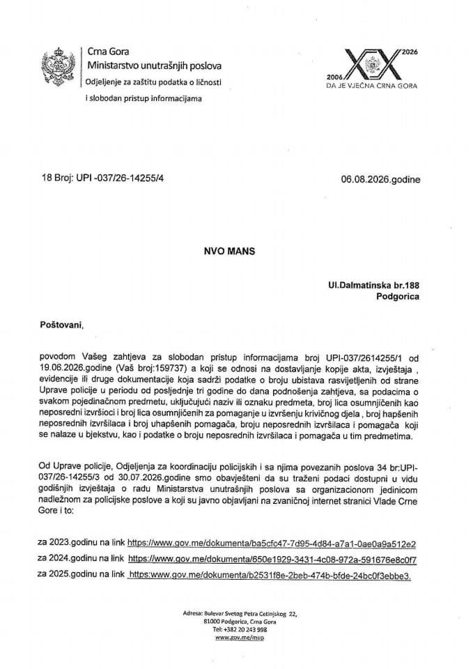 Obavještenje br. 18-UPI-037/26-14255/4