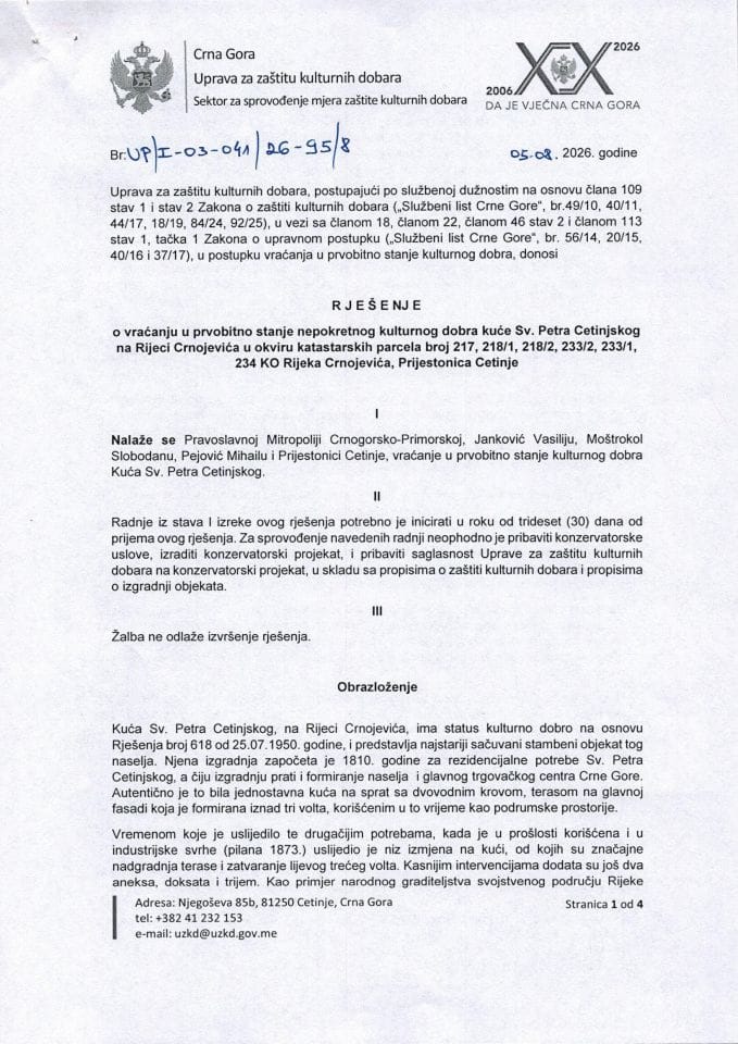 Rješenje o vraćanju u prvobitno stanje UP-I-03-041-26-95-8 od 05.08.2026.