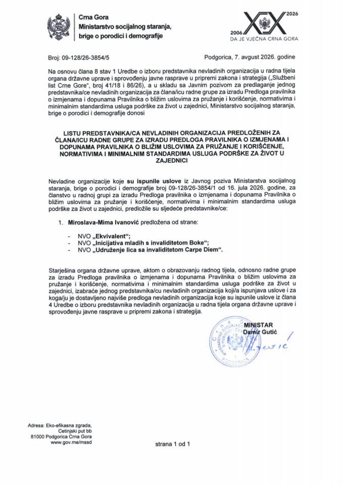 Lista predstavnika NVO koji ispunjavaju uslove - Pravilnik usluga podrške za život u zajednici