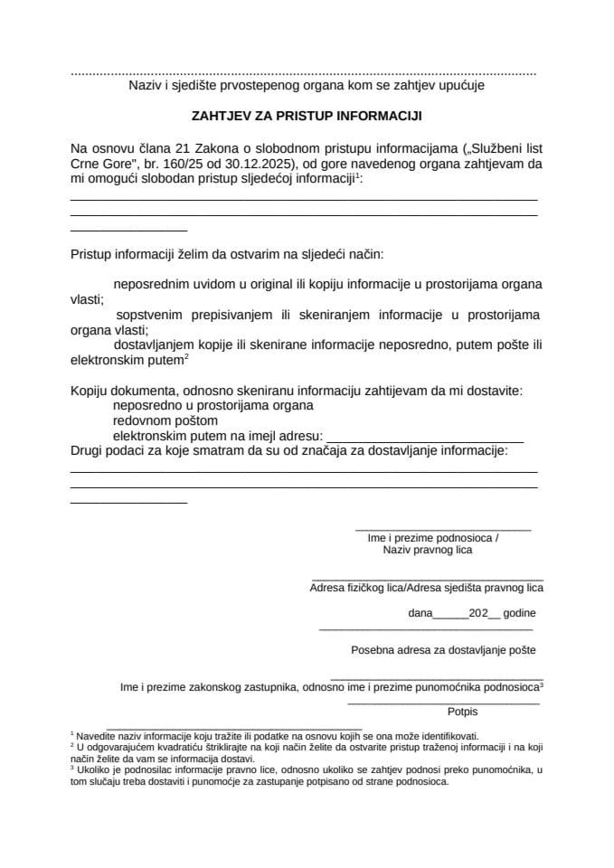 Obrazac zahtjeva za slobodan pristup
