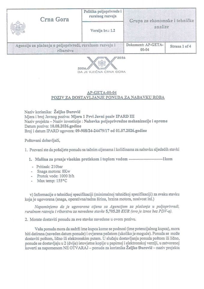 Poziv za dostavljanje ponuda  za Đurović Željka...