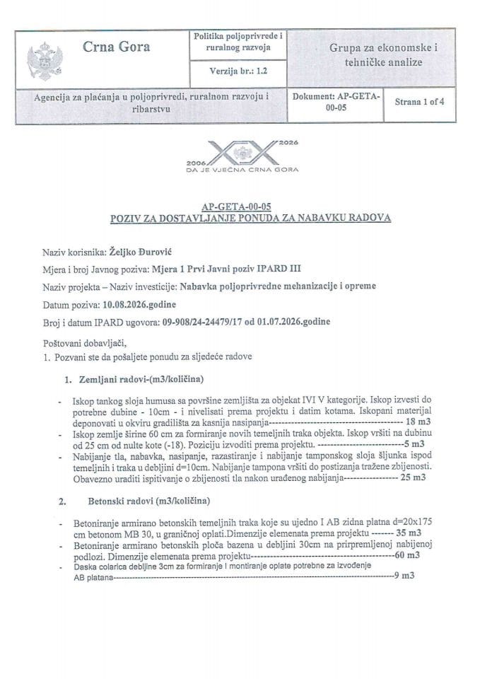 Poziv za dostavljanje ponuda  za Đurović Željka....
