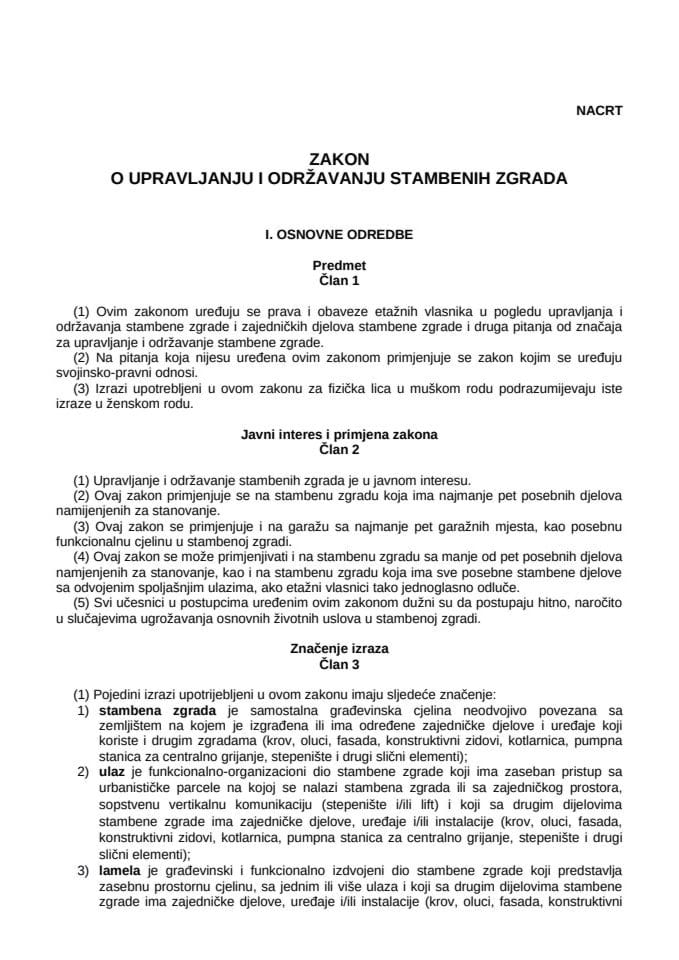 Nacrt zakona o upravljanju i održavanju stambenih zgrada