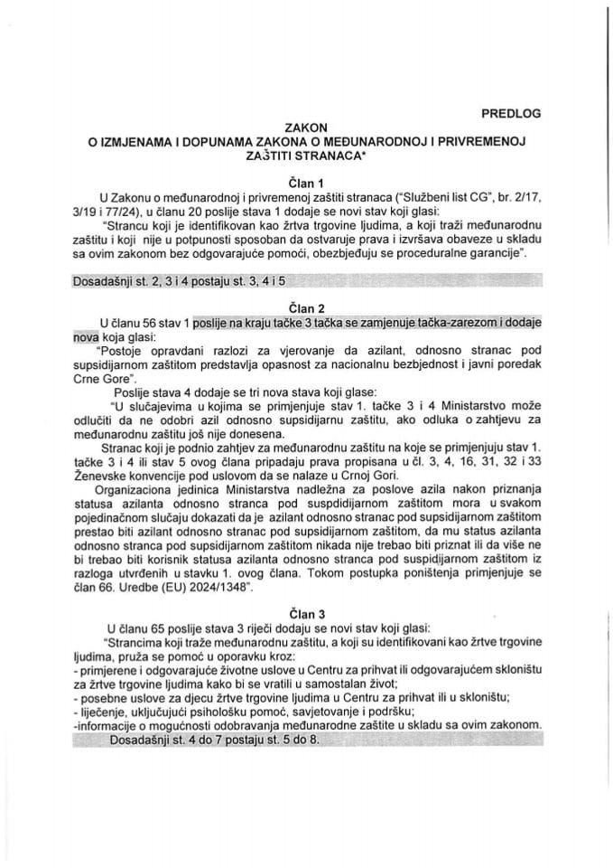 Predlog Zakona o izmjenama i dopunama Zakona o međunarodnoj i privremenoj zaštiti stranaca*
