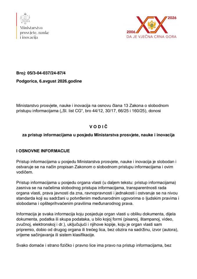 Vodič za slobodan pristup informacijama u posjedu MPNI