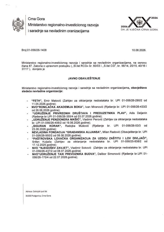 JAVNO OBAVJEŠTENJE  AVGUST 2026