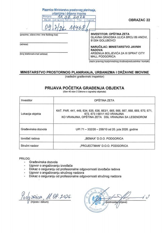 Prijava početka građenja objekta - 09-7-26-11468-1 OPŠTINA ZETA