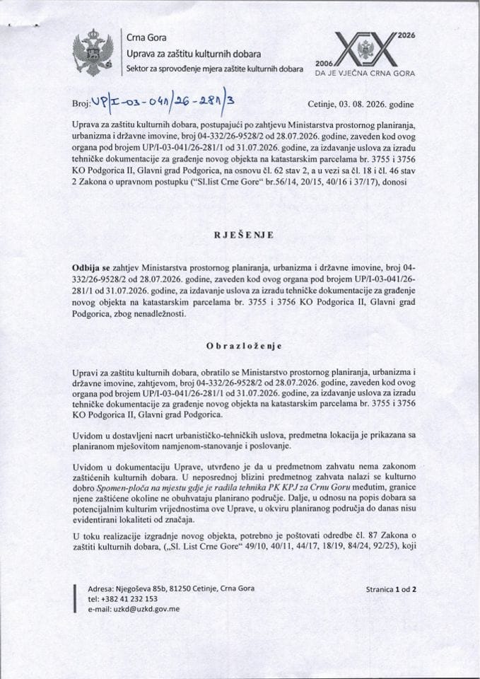 Rješenje o odbijanju zahtjeva UP-I-03-041-26-281-3 od 03.08.2026.