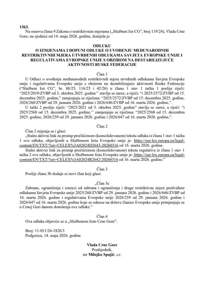 Odluka o izmjenama i dopuni Odluke o uvođenju međunarodnih restriktivnih mjera utvrđenih odlukama Savjeta Evropske unije i regulativama Evropske unije s obzirom na destabilizujuće aktivnosti Ruske Federacije – s prevodima