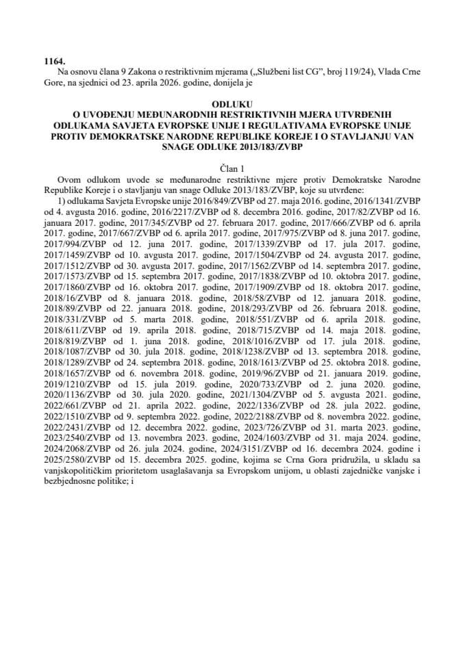 Odluka o uvođenju međunarodnih restriktivnih mjera utvrđenih odlukama Savjeta Evropske unije i regulativama Evropske unije protiv Demokratske Narodne Republike Koreje i o stavljanju van snage Odluke 2013/183/ZVBP – s prevodima