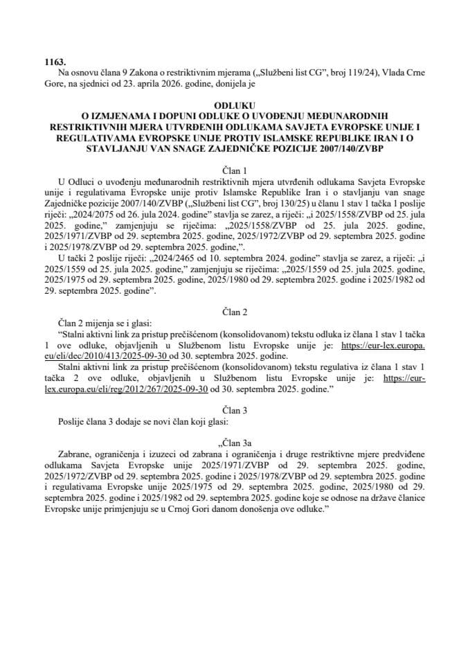 Odluka o uvođenju međunarodnih restriktivnih mjera utvrđenih odlukama Savjeta Evropske unije i regulativama Evropske unije protiv Islamske Republike Iran i o stavljanju van snage zajedničke pozicije 2007/140/ZVBP – s prevodima