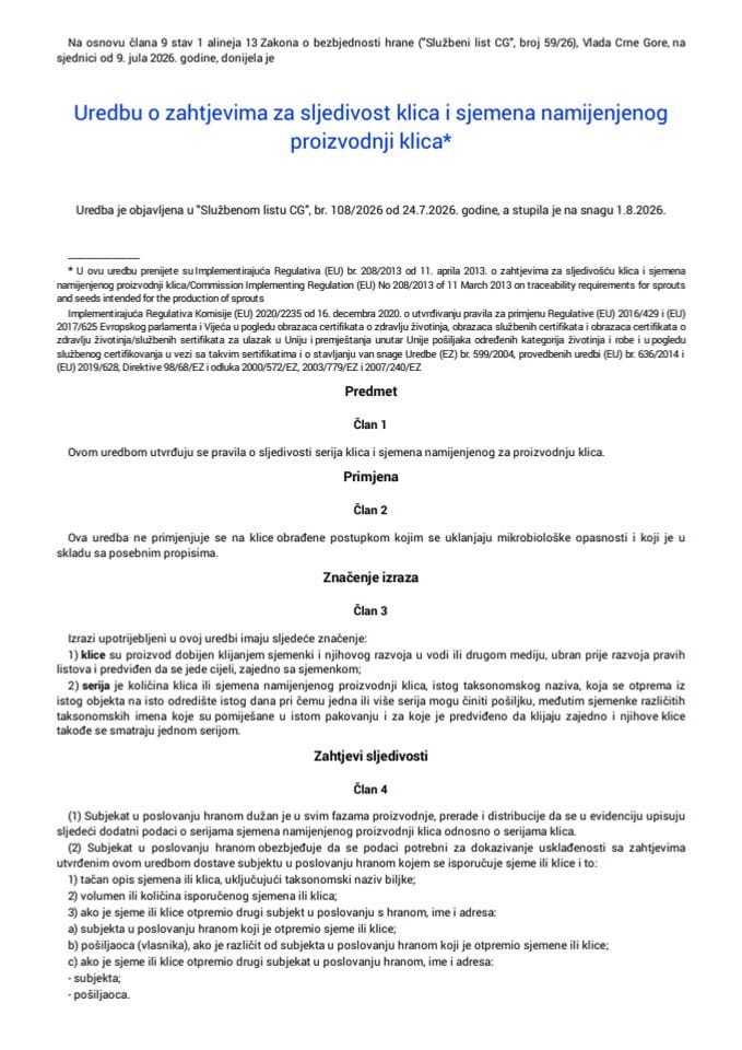 Uredba o zahtjevima za sljedivost klica i sjemena namijenjenog proizvodnji klica