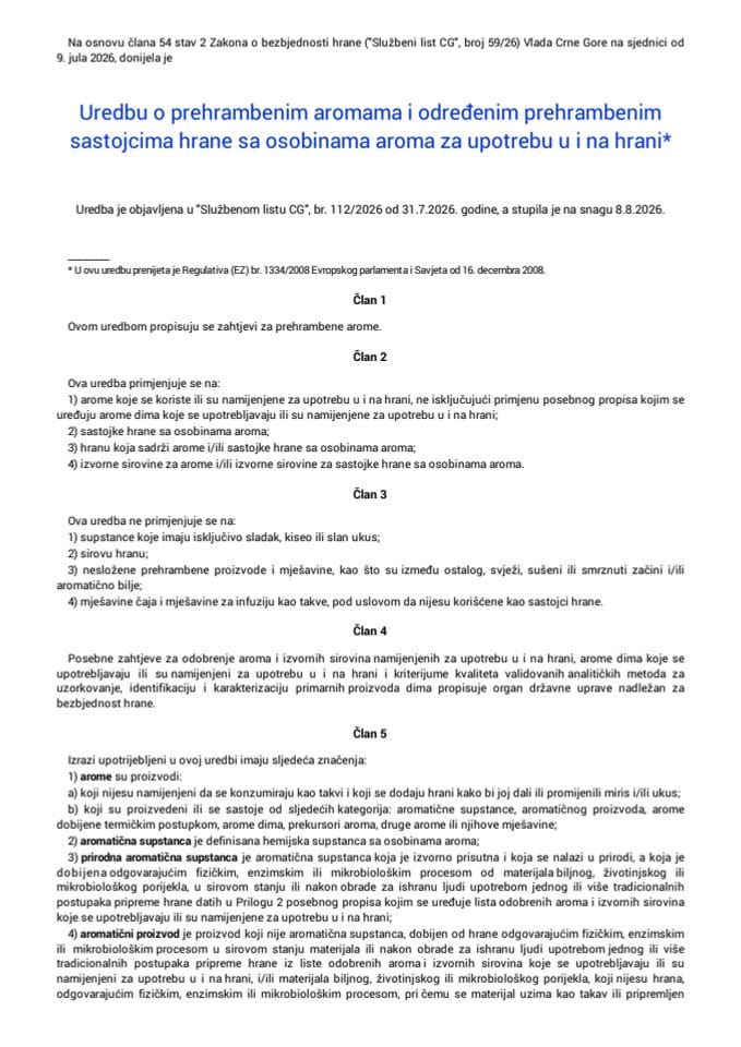 Uredba o prehrambenim aromama i određenim prehrambenim sastojcima hrane sa osobinama aroma za upotrebu u i na hrani