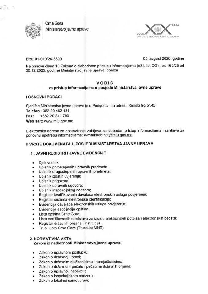 Vodič za pristup informacijama u posjedu Ministarstva javne uprave