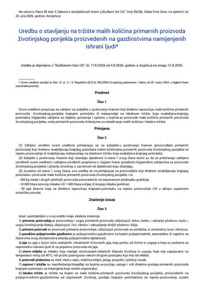 Uredba o stavljanju na tržište malih količina primarnih proizvoda životinjskog porijekla proizvedenih na gazdinstvima namijenjenih ishrani ljudi