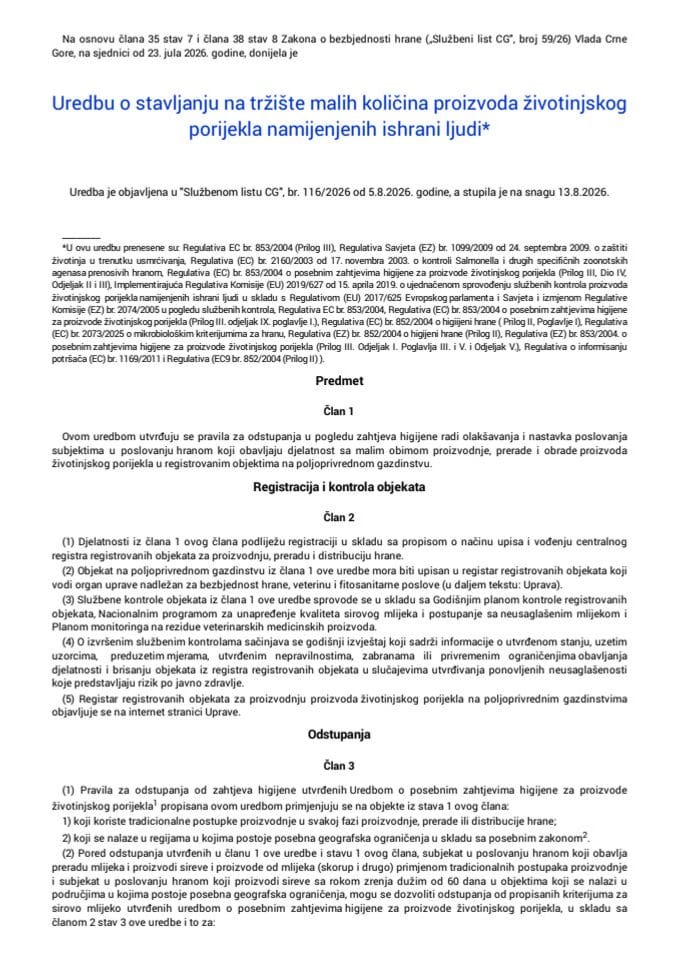 Uredba o stavljanju na tržište malih količina proizvoda životinjskog porijekla namijenjenih ishrani ljudi