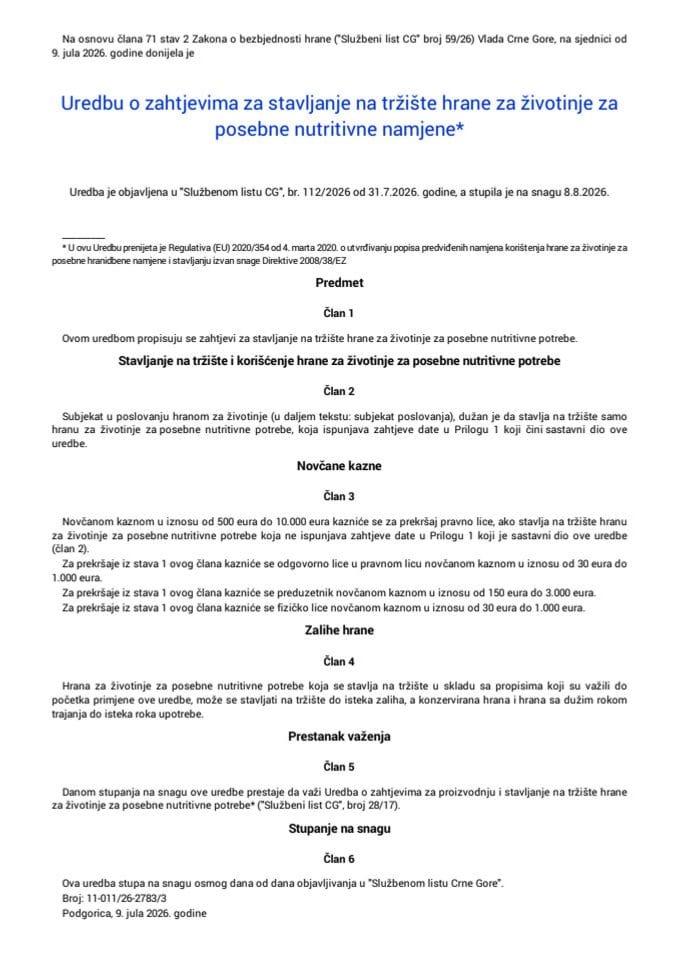 Uredba o zahtjevima za stavljanje na tržište hrane za životinje za posebne nutritivne namjene