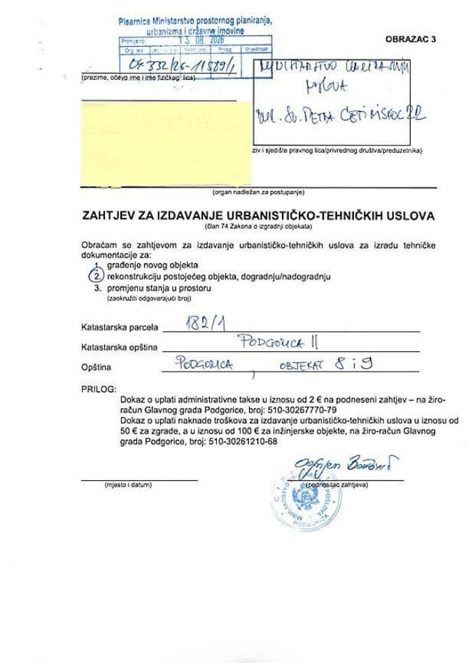 Zahtjevi za izdavanje urbanističko tehničkih uslova - 04-332-26-11589-1 MINISTARSTVO UNUTRAŠNJIH POSLOVA
