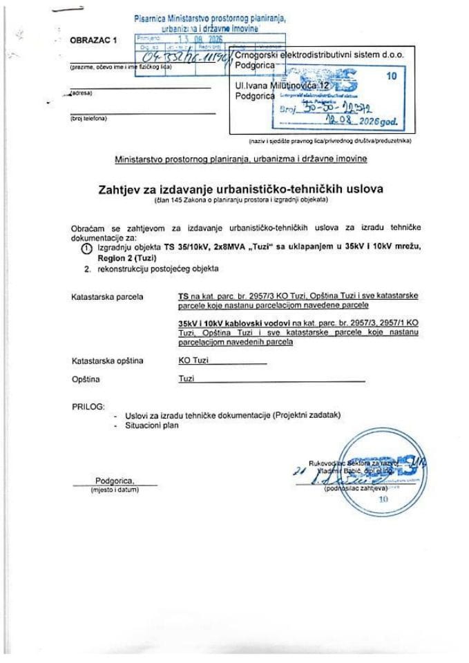 Zahtjevi za izdavanje urbanističko tehničkih uslova - 04-332-26-11590-1 CEDIS DOO PODGORICA