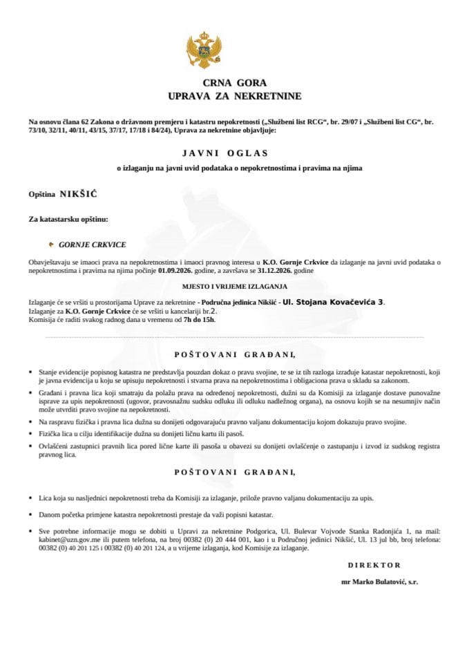 Javni oglas Gornje Crkvice - 01.09.2026