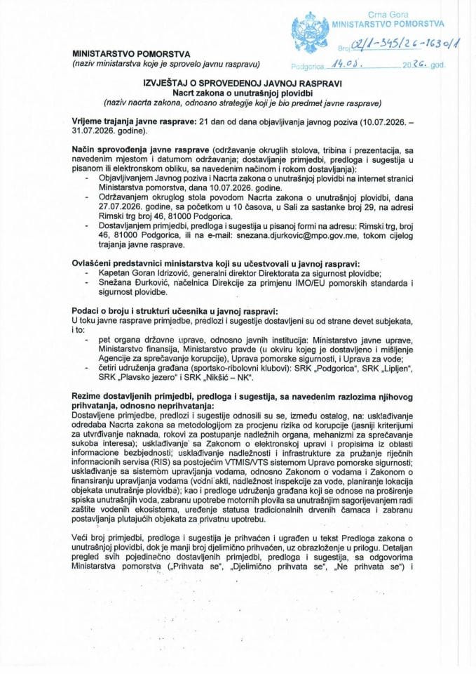 Izvještaj o sprovedenoj javnoj raspravi Nacrt zakona o unutrašnjoj plovidbi