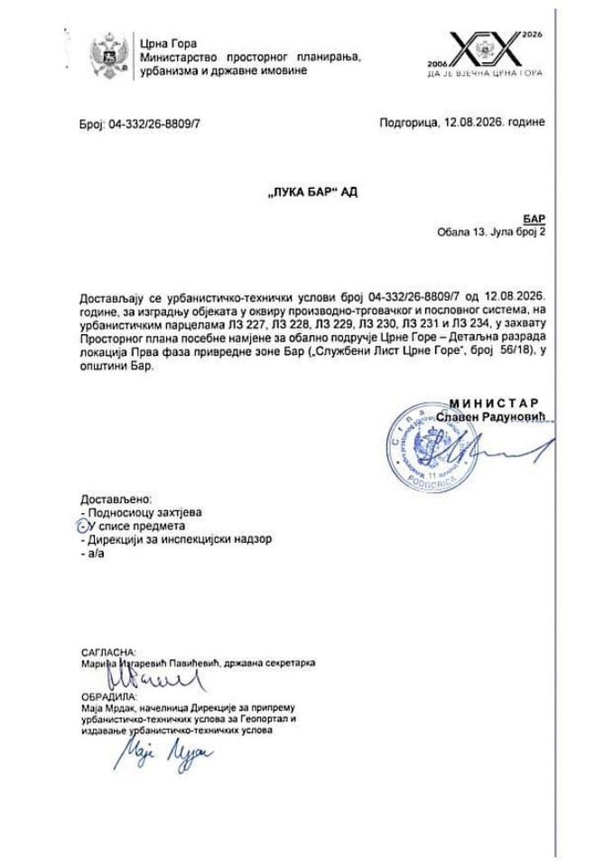 Издати урбанистичко-технички услови - 04-332-26-8809-7 ЛУКА БАР АД