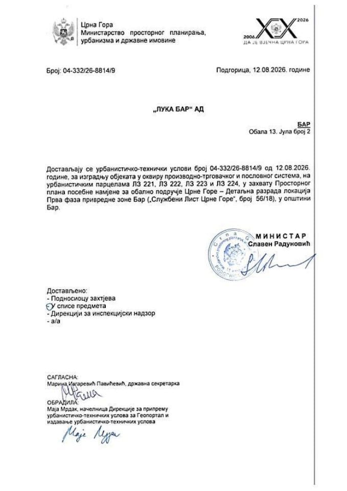 Издати урбанистичко-технички услови - 04-332-26-8814-9 ЛУКА БАР АД