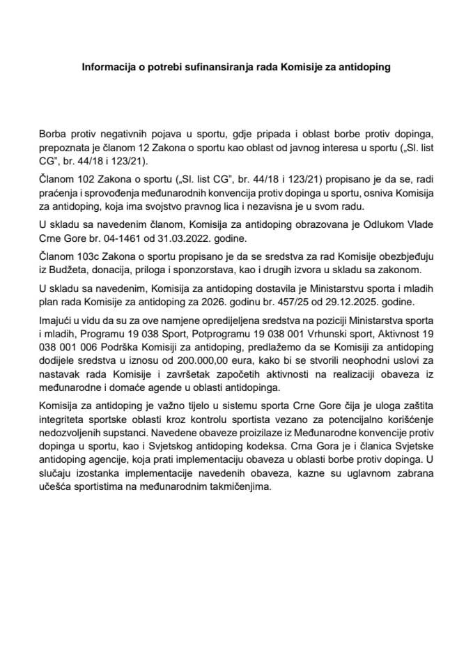 Informacija o potrebi sufinansiranja Komisije za antidoping