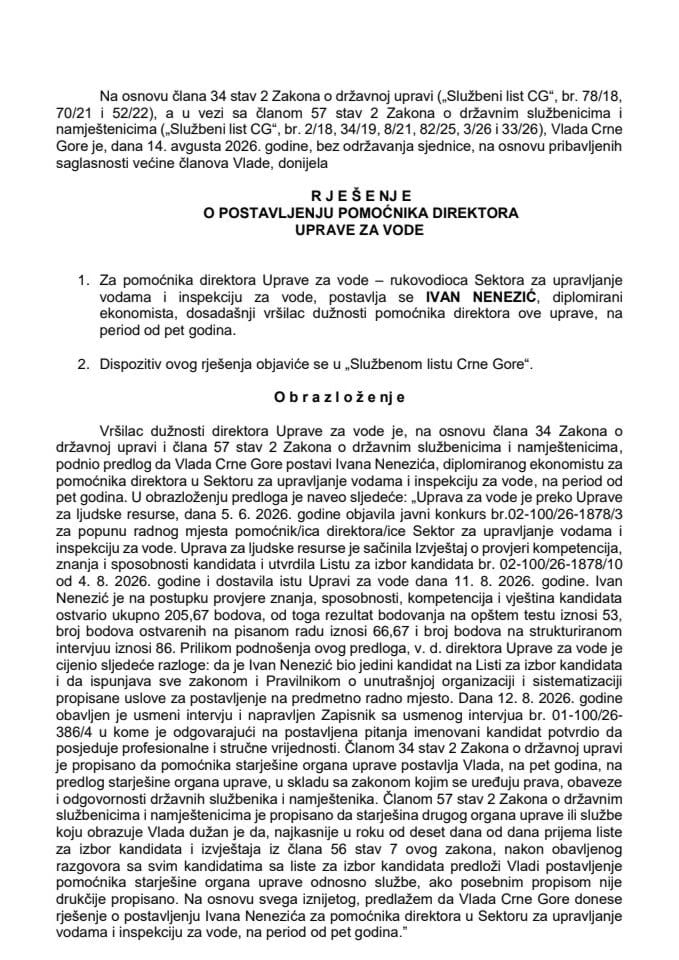 Predlog za određivanje Ivana Nenezića za vrṣ̌ioca duẓ̌nosti pomoćnika direktora Uprave za vode - rukovodioca Sektora za upravljanje vodama i inspekciju za vode