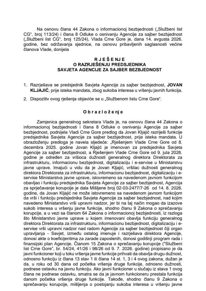Predlog za razrješenje predsjednika Savjeta Agencije za sajber bezbjednost