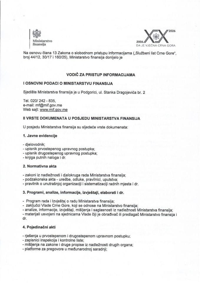 Vodič za pristup informacijama u posjedu Ministarstva finansija - 2026. godina