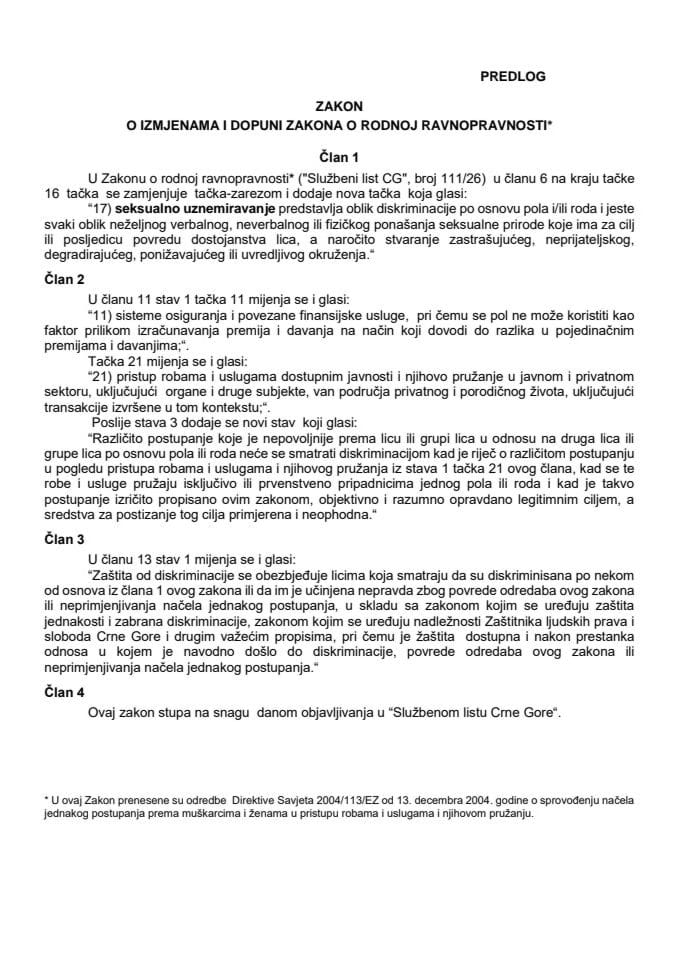 Predlog zakona o izmjenama i dopunama Zakona o rodnoj ravnopravnosti