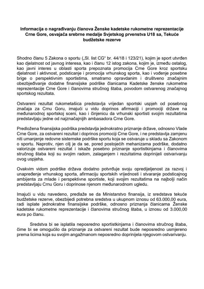Informacija o nagrađivanju članova Ženske kadetske rukometne reprezentacije Crne Gore, osvajača srebrne medalje na Svjetskom prvenstvu, održanom od 29. jula do 9. avgusta 2026. godine, u Piteštiju, Rumunija