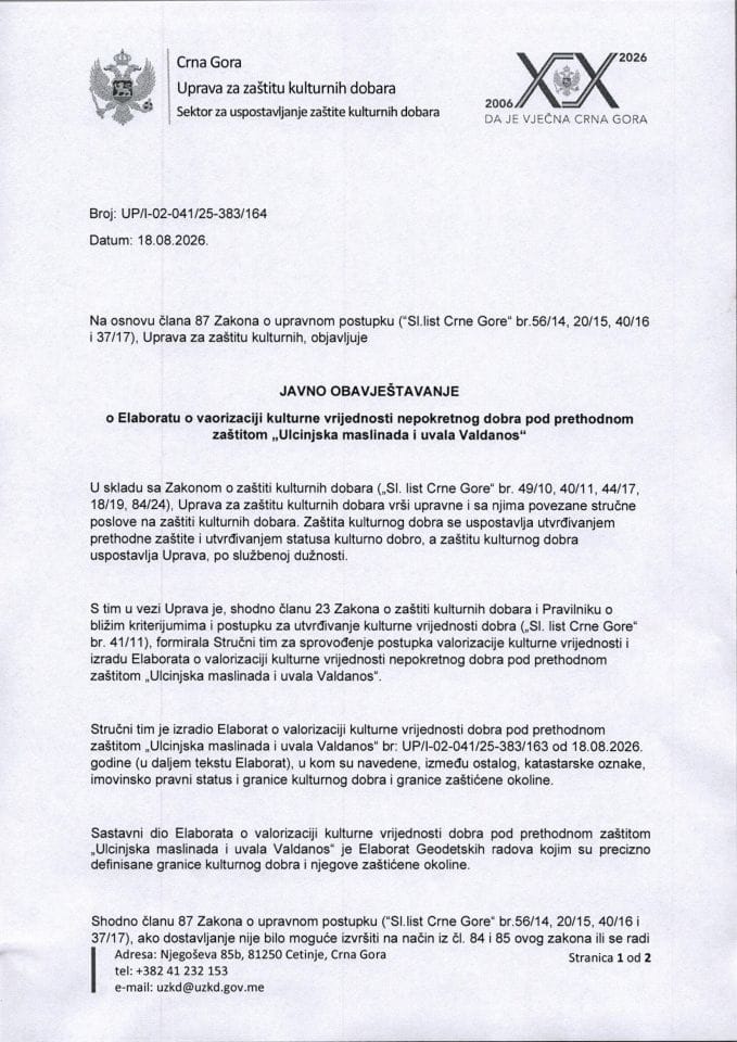 Javno obavještenje o Elaboratu Ulcinjska maslinada i uvala Valdanos