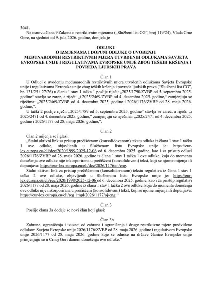 Odluka o izmjenama i dopuni Odluke o uvođenju međunarodnih restriktivnih mjera utvrđenih odlukama Savjeta Evropske unije i regulativama Evropske unije zbog teških kršenja i povreda ljudskih prava – s prevodima