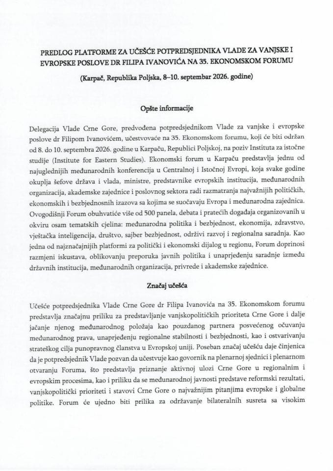 Predlog platforme o učešću potpredsjednika Vlade za vanjske i evropske poslove dr Filipa Ivanovića, na 35. Ekonomskom forumu u Kapraču, Republika Poljska, od 8. do 10. septembra 2026. godine
