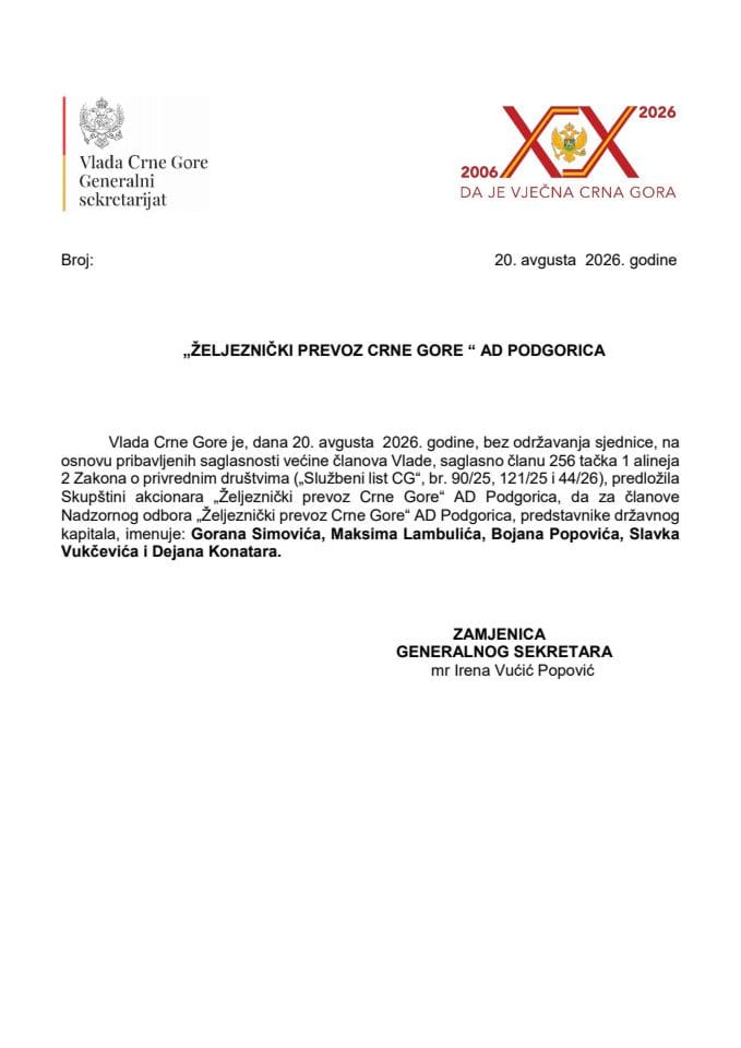 Predlog za izbor članova Nadzornog odbora Željezničkog prevoza Crne Gore AD Podgorica