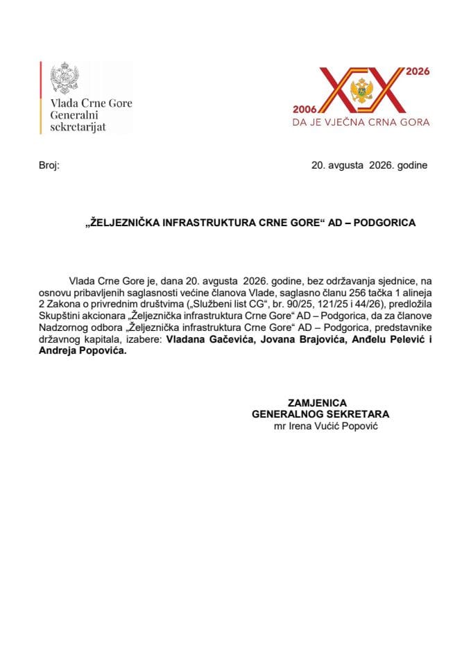 Predlog za imenovanje članova Nadzornog odbora Željezničke infrastrukture Crne Gore AD Podgorica