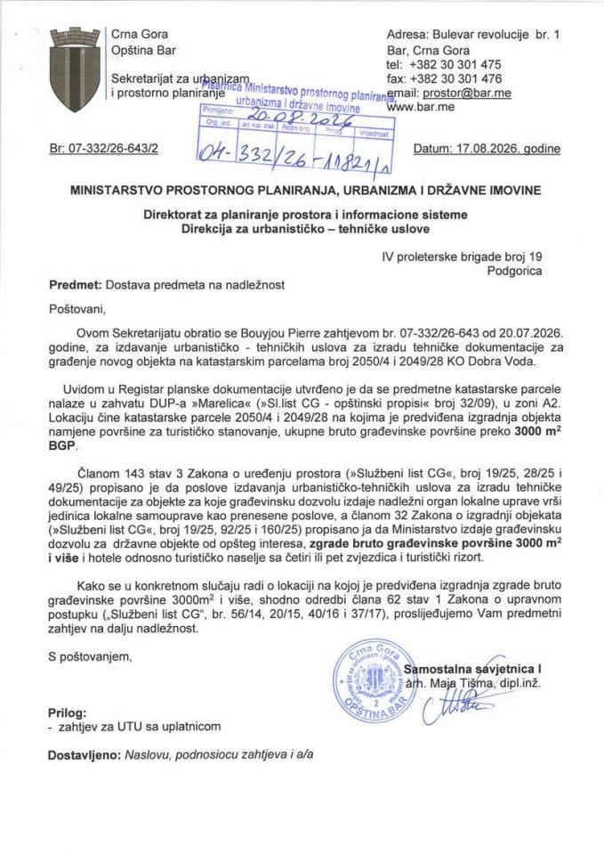 Захтјеви за издавање урбанистичко техничких услова - 04-332-26-11821-1  општина Бар - БОУYЈОУ ПИЕРРЕ