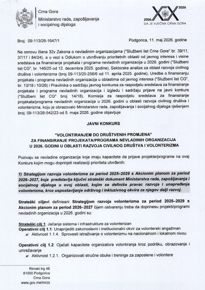 Javni konkurs 2026 - razvoj civilnog društva i volonterizma