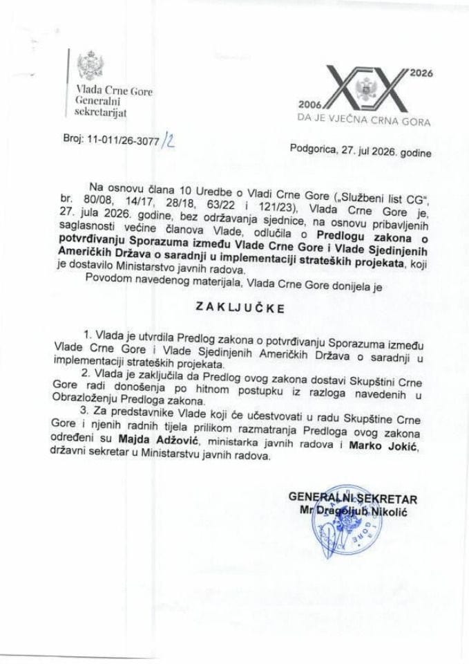 Predlog zakona o potvrđivanju Sporazuma između Vlade Crne Gore i Vlade Sjedinjenih Američkih Država o saradnji u implementaciji strateških projekata - Zaključci