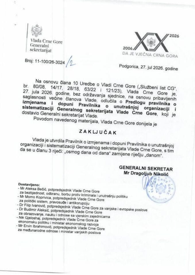 Predlog pravilnika o izmjenama i dopuni Pravilnika o unutrašnjoj organizaciji i sistematizaciji Generalnog sekretarijata Vlade Crne Gore - Zaključci