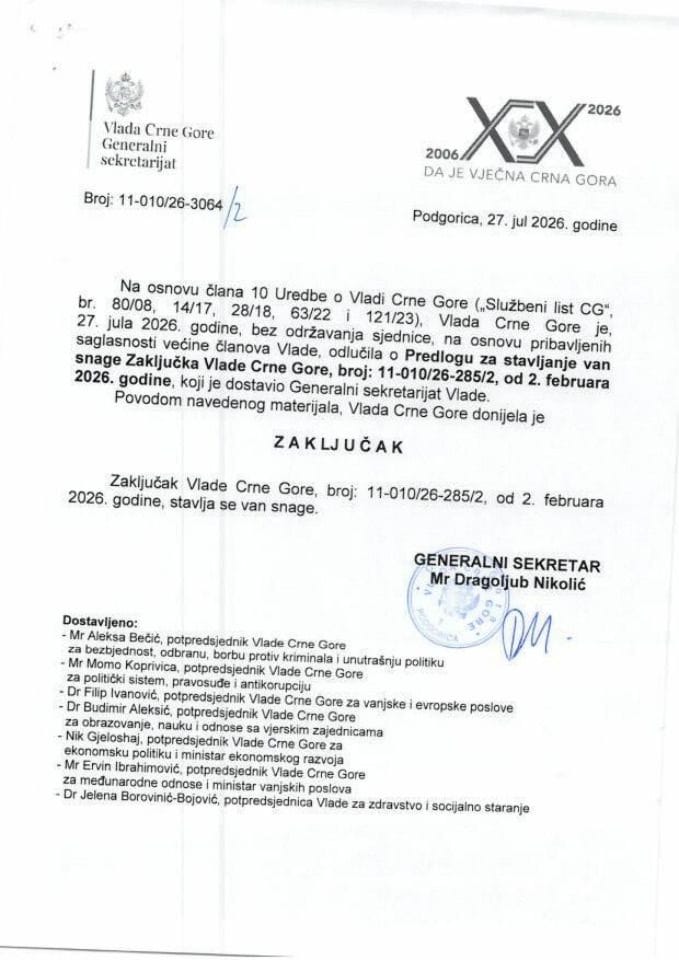Predlog za stavljanje van snage Zaključka Vlade Crne Gore, broj: 11-010/26-285/2, od 2. februara 2026. godine - Zaključci