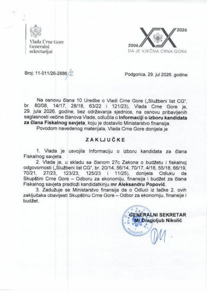Informacija o izboru kandidata za člana Fiskalnog savjeta - Zaključci