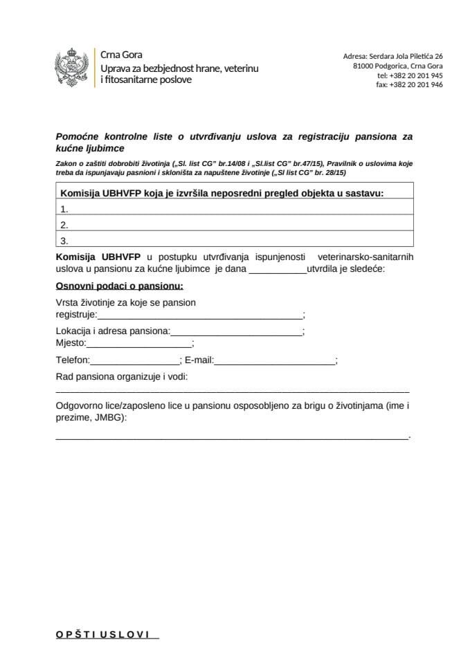 Pomoćne kontrolne liste o utvrđivanju uslova za registraciju pansiona za kućne ljubimce