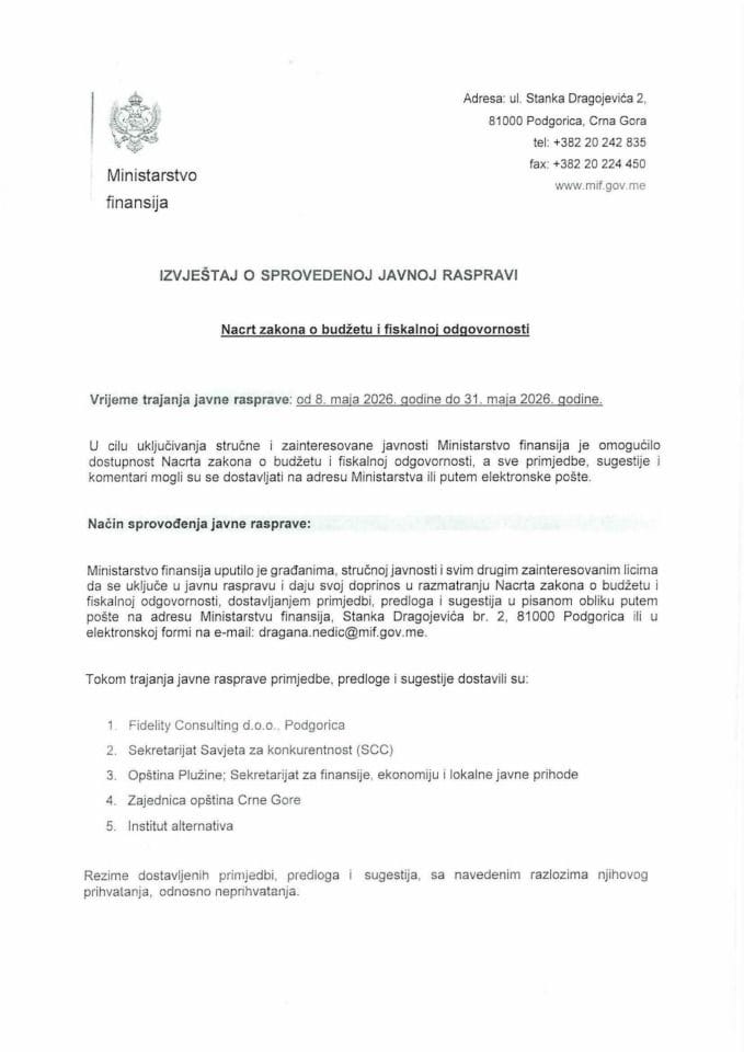Izvještaj o sprovedenoj javnoj raspravi za Nacrt zakona o budžetu i fiskalnoj odgovornosti