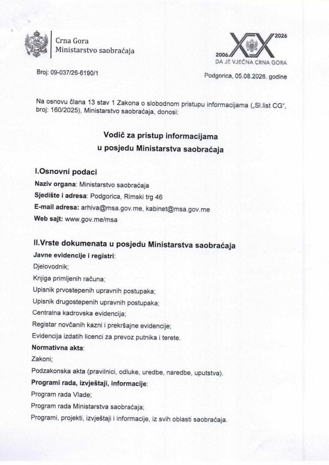 Vodič za slobodan pristup informacijama u posjedu Ministarstva saobraćaja