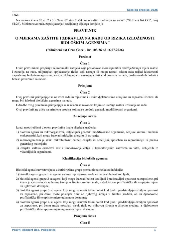 Pravilnik o mjerama zaštite i zdravlja na radu od rizika izloženosti biološkim agensima